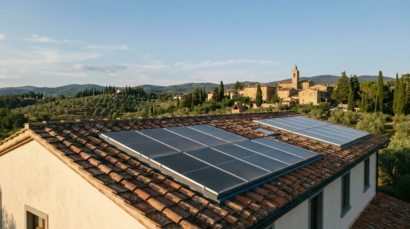 Pannelli fotovoltaici scuri su un tetto in tegole al sole