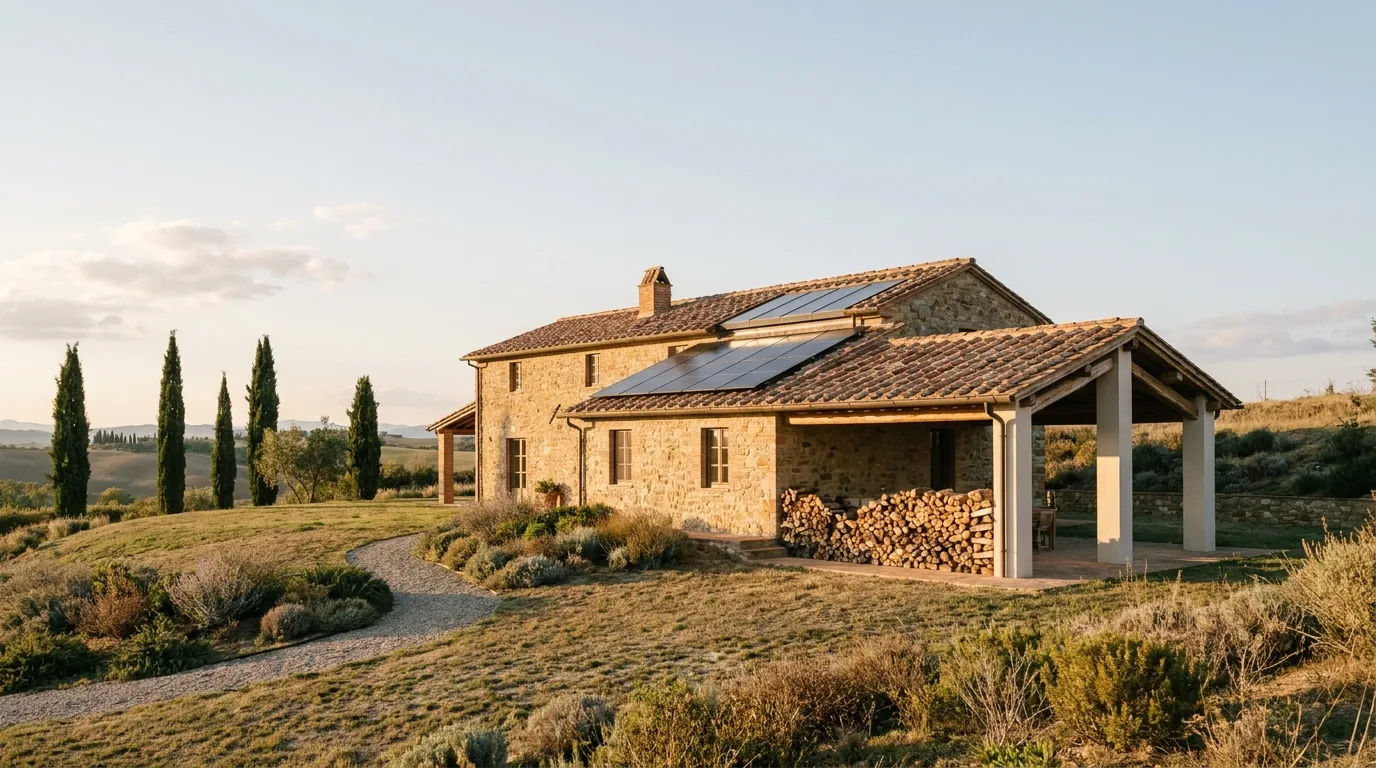 Casa italiana con impianto fotovoltaico sul tetto e scorta di pellet
