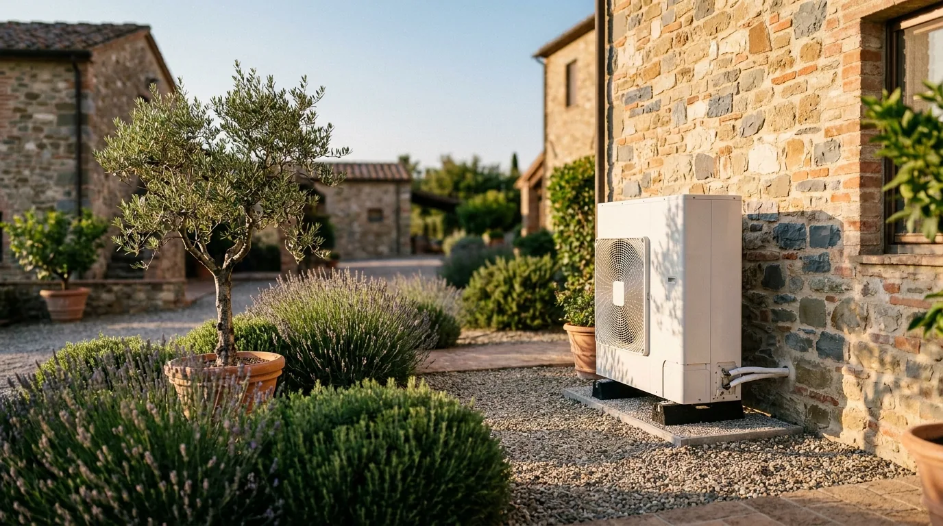 Unità esterna di una pompa di calore installata a fianco di una casa