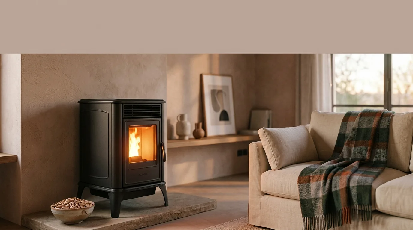 Stufa a pellet accesa in un salotto, con la fiamma visibile